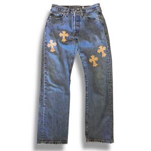 Vintage Levi's 501 patchwork crosses patches womens jeans 2000s 00s 28